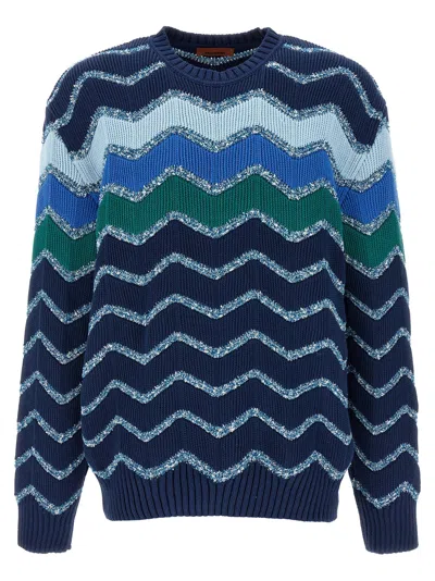 Missoni Pullover Mit Rundhalsausschnitt Und Makro-zickzack- Und Melange-details In Blue