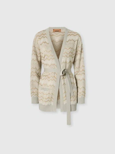 Missoni Zig Zag Viscose And Wool Cardigan With Belt In Beige