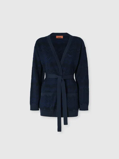 Missoni Zig Zag Viscose And Wool Cardigan With Belt In Blue