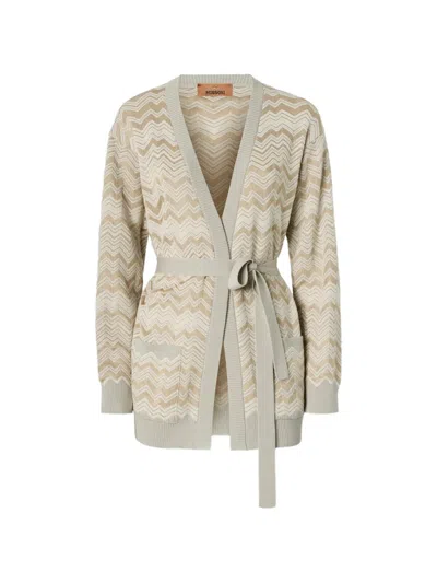 Missoni Zig Zag Viscose And Wool Cardigan With Belt In Neutral