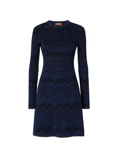 Missoni Zig Zag Viscose And Wool Crewneck Dress In Blue