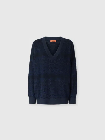 Missoni Zig Zag Viscose And Wool V-neck Sweater In Blue