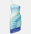 Missoni One-shoulder Fringed Printed Tulle Mini Dress In Blue