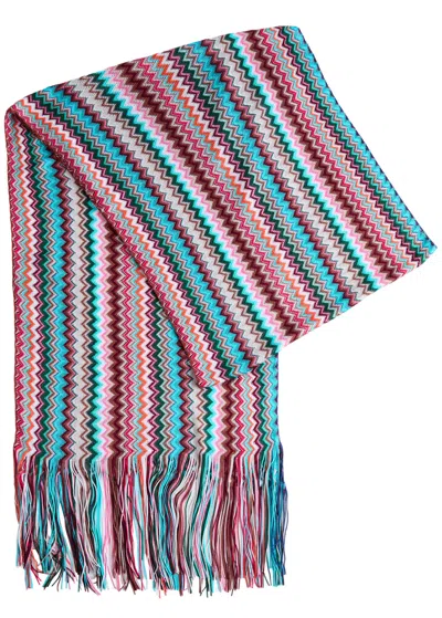 Missoni Zigzag-intarsia Fine-knit Scarf In Blue