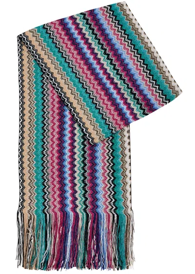 Missoni Zigzag-intarsia Metallic-knit Scarf In Green