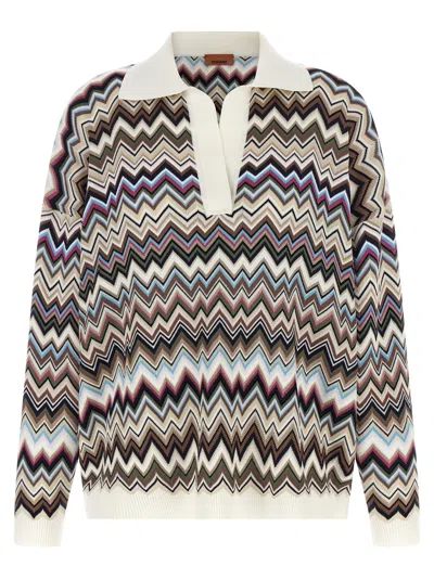 Missoni Zigzag Intarsia Wool-viscose Polo Shirt In Multi