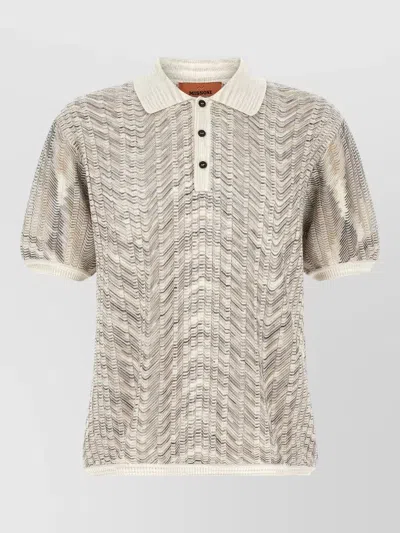 Missoni Zigzag Knit Polo Shirt Ribbed Collar In Neutral