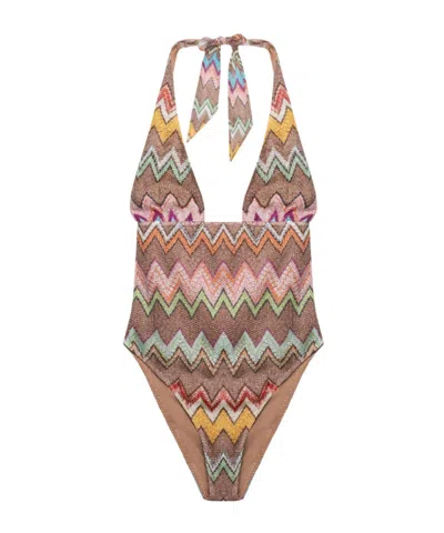 Missoni Zigzag Lamé Halterneck Swimsuit In Multi
