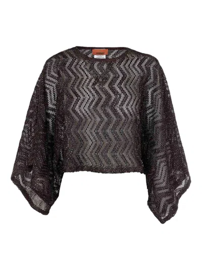 Missoni Zigzag Mesh Sequins Wide Sleeves Top In Brown