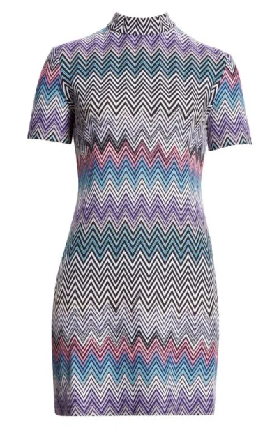 Missoni Zigzag Mock Neck Short Sleeve Wool Minidress In Multi Purple Turquoise Pink