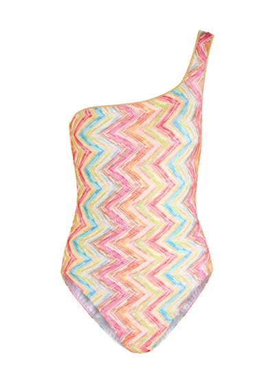 Missoni One-shoulder One-piece Swimsuit In Printed Tulle In Multi