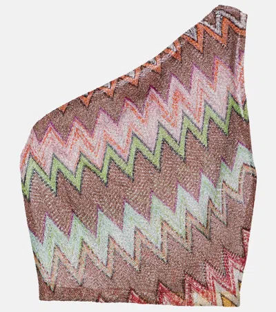Missoni Zigzag One-shoulder Lamé Top In Brown