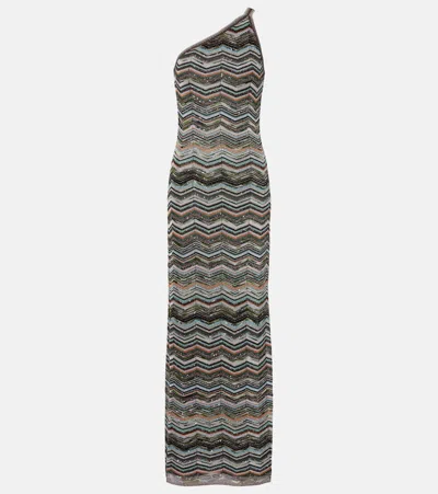 Missoni Zigzag One-shoulder Lamé Maxi Dress In Gray