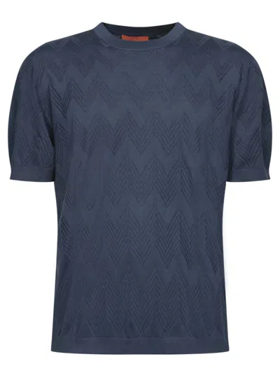 Missoni Zigzag Pattern Blue T-shirt In Cotton-silk Blend