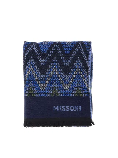 Missoni Zigzag Pattern Fringed Edges Wool Scarf In Blue