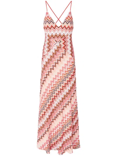 Missoni Multicolor Long Dress With Crossed Shoulder Straps And All-over Zigzag Motif In Viscose Woman In Brown