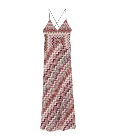 Missoni Multicolor Long Dress With Crossed Shoulder Straps And All-over Zigzag Motif In Viscose Woman In Brown