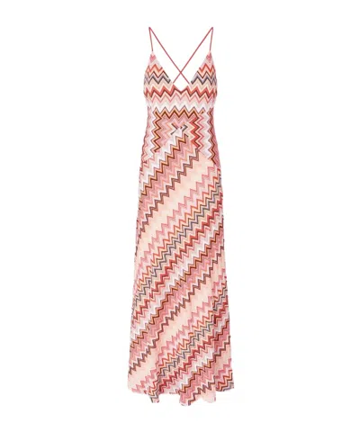 Missoni Multicolor Long Dress With Crossed Shoulder Straps And All-over Zigzag Motif In Viscose Woman In Brown