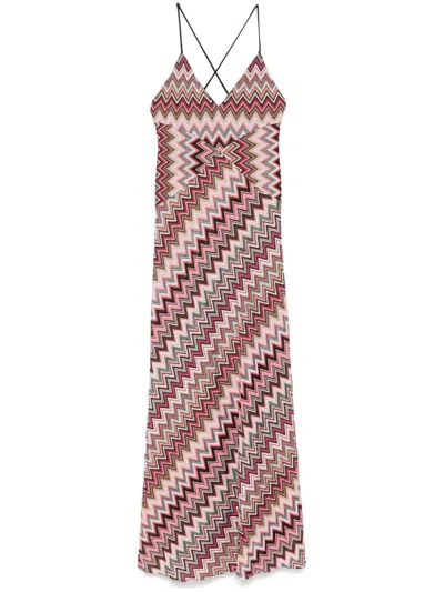 Missoni Multicolor Long Dress With Crossed Shoulder Straps And All-over Zigzag Motif In Viscose Woman In Brown