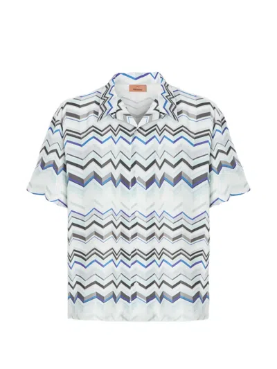 Missoni Bowling Shirt In Viscose With Zigzag Print In Blue