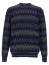Missoni Zigzag Pattern Wool Sweater With Crew Neck In Blue