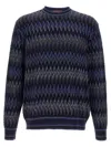 Missoni Zigzag Pattern Wool Sweater With Crew Neck In Blue
