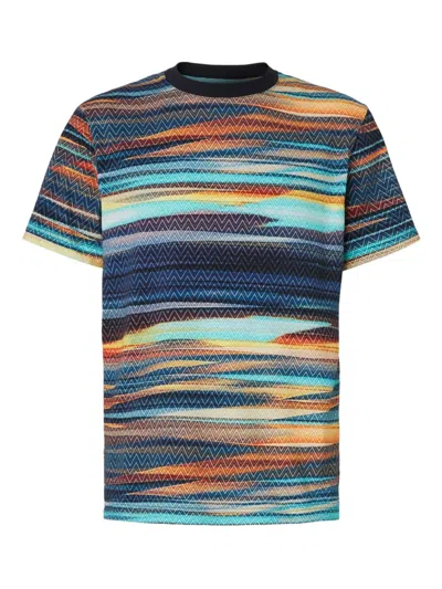 Missoni Cotton Crewneck T-shirt With Slub Zigzag Print In Blue