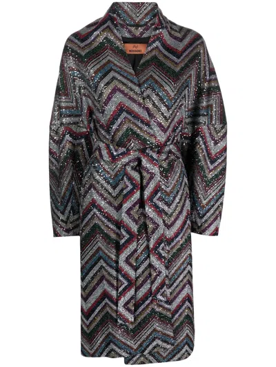 Missoni Zigzag Sequin-embellished Belted Coat In Green
