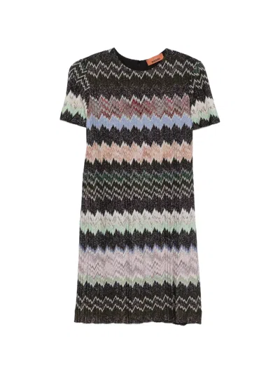 Missoni Short Dress Zigzag Knit Round Neckline In Multi