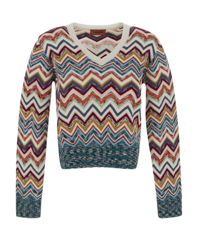 Missoni Zigzag Woven V-neck Jumper In Nude