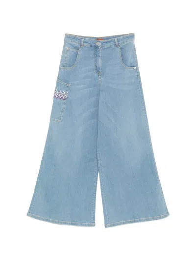 Missoni Kids' Zigzag-embroidered Wide-leg Jeans In Blue