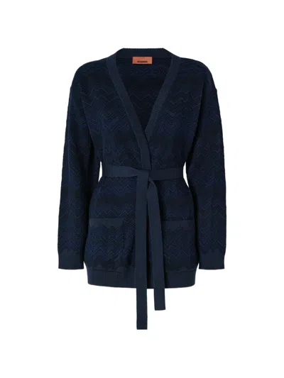 Missoni Zigzag-knit Belted Cardigan In Blue