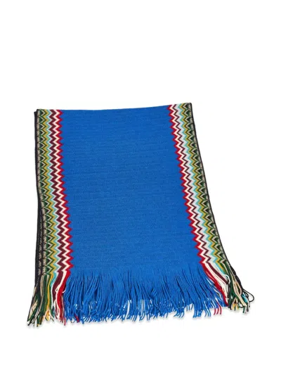 Missoni Zigzag-knit Fringed Scarf In Blue