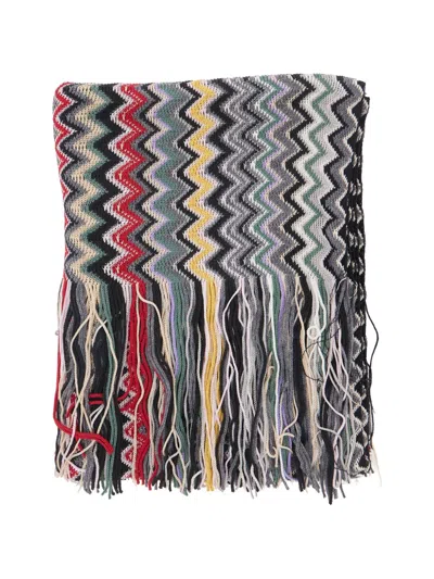 Missoni Zigzag-knit Fringed Scarf In Gray