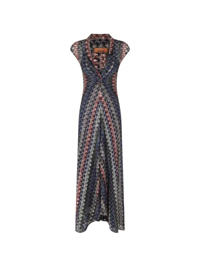 Missoni Zigzag-knit Gathered-detail Maxi Dress In Blue