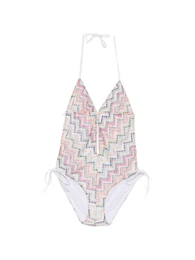 Missoni Striped Crochet-knit Halterneck Swimsuit In Multi