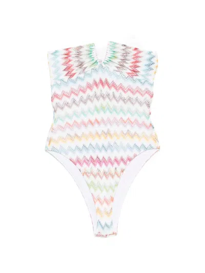 Missoni Zigzag-knit Halterneck Swimsuit In White