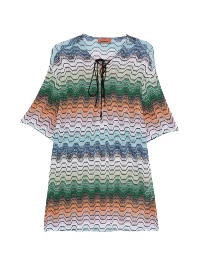 Missoni Zigzag-knit Lace-up Mini Dress In Green