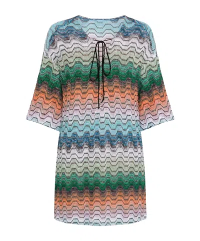 Missoni Zigzag-knit Lace-up Mini Dress In Multi