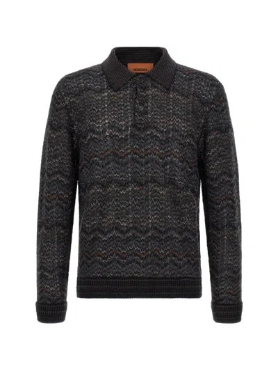 Missoni Chevron Knit Polo Shirt Collared Design In Black