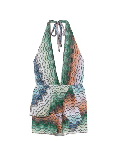Missoni Zigzag-knit Ruffled Mini Dress In Green