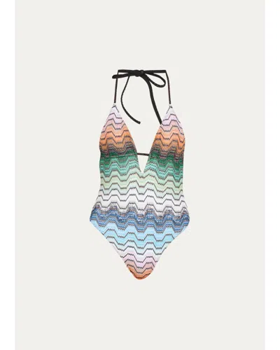 Missoni Zigzag-knit V-neck One-piece Swimsuit In Multi