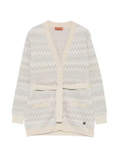 Missoni Kids' Zigzag-pattern Belted Cardigan In Neutrals