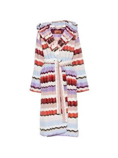 Missoni Zigzag-pattern Hooded Cotton Bathrobe In Red