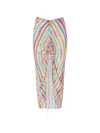 Missoni Gathered Striped Metallic Crochet-knit Midi Skirt In Blue
