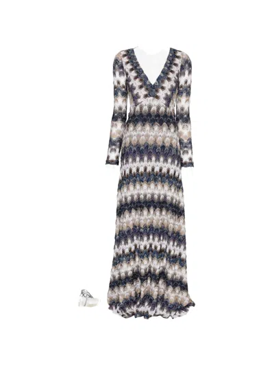 Missoni Zigzag-pattern V-neck Maxi Dress In Blue