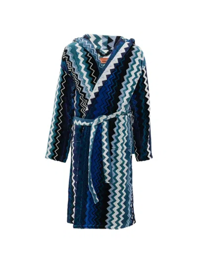 Missoni Zigzag-print Hooded Dressing Gown In Blue