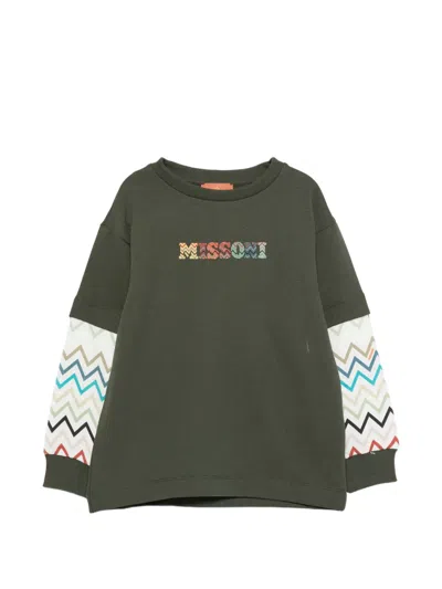 Missoni Kids' Zigzag-print Logo-embroidered Cotton Sweatshirt In Green