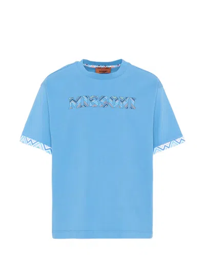 Missoni Kids' Zigzag-print Logo-embroidered T-shirt In Blue