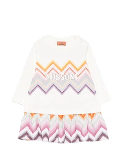 Missoni Babies' Zigzag-print Logo-print Dress In Neutral